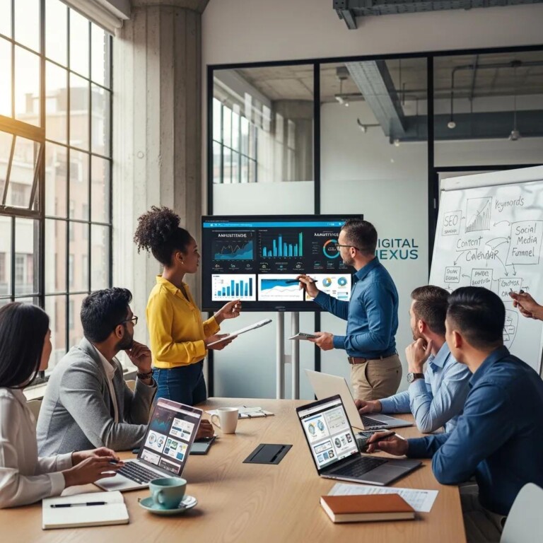 Diverse marketing professionals collaborating on digital strategies in a modern office