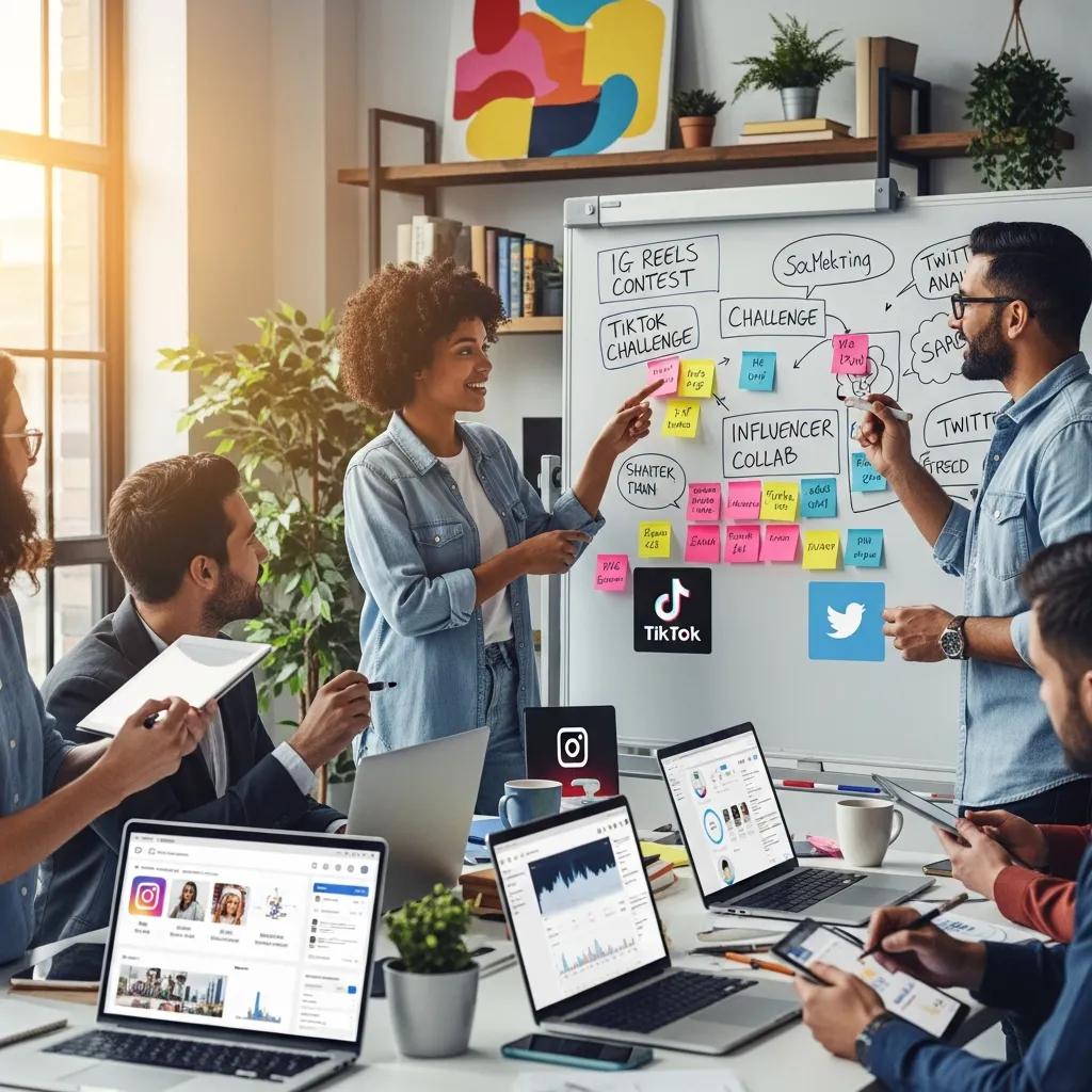 Social media marketing team brainstorming strategies in a creative workspace